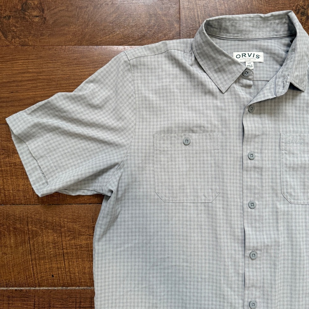 Orvis Button Down Shirt Mens Large Grey Micro Plaid Short Sleeve Outdoor Pocket - Picture 3 of 6